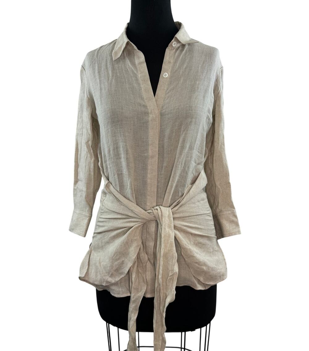 THEORY Beige Blouse Linen Collared Wrap-Waist Curved Hem Button-Up Size Medium M